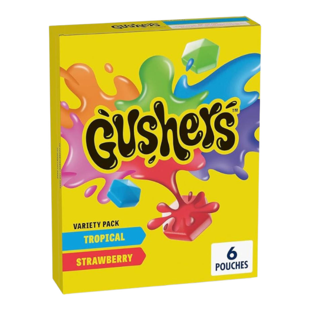 Caja de caramelos suaves Shefa Gusher's Fruit Snacks sabor frutas mix de 136g con diseño colorido y divertido
