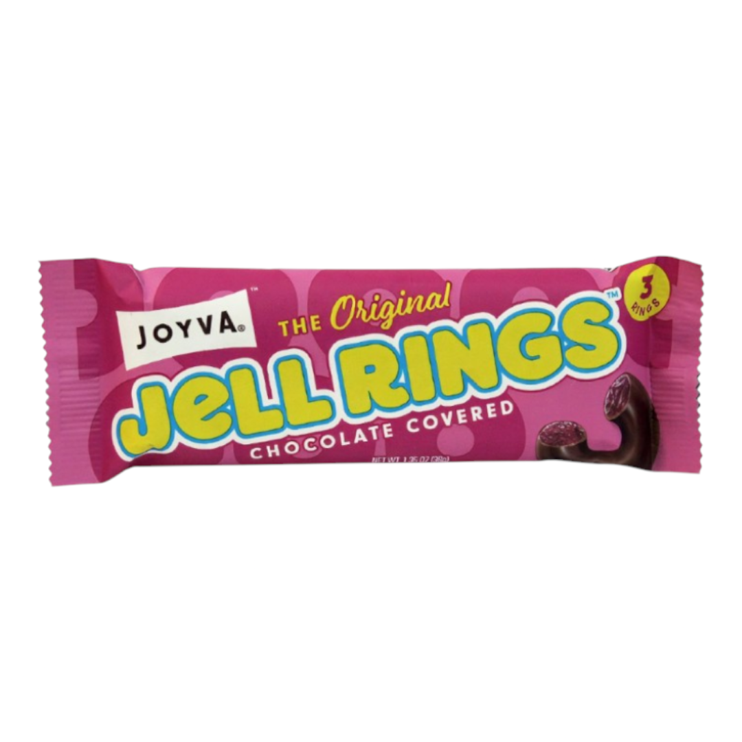 Empaque de Shefa con tres anillos de gelatina Joyva cubiertos de chocolate en envoltorio rosa brillante.