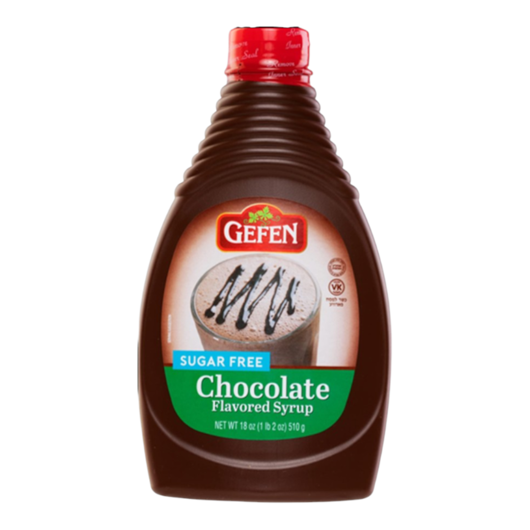 Botella de jarabe de chocolate Shefa Gefen sin azúcar, ideal para postres y bebidas con certificación Kosher.