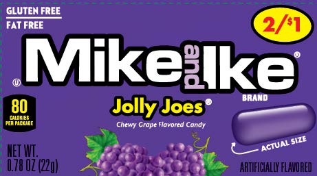 Empaque de caramelos Shefa Mike & Ike Jolly Joes sabor uva, dulces masticables sin gluten y sin grasa de 22 gramos.