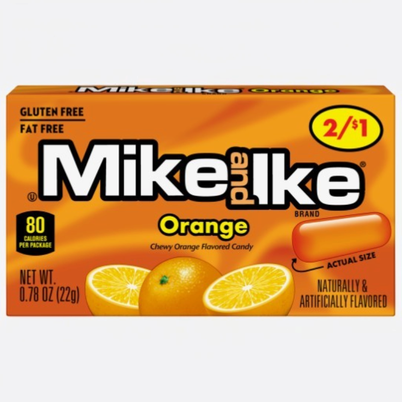 Caja de caramelos masticables Shefa Mike & Ike sabor naranja de 22g con diseño cítrico brillante