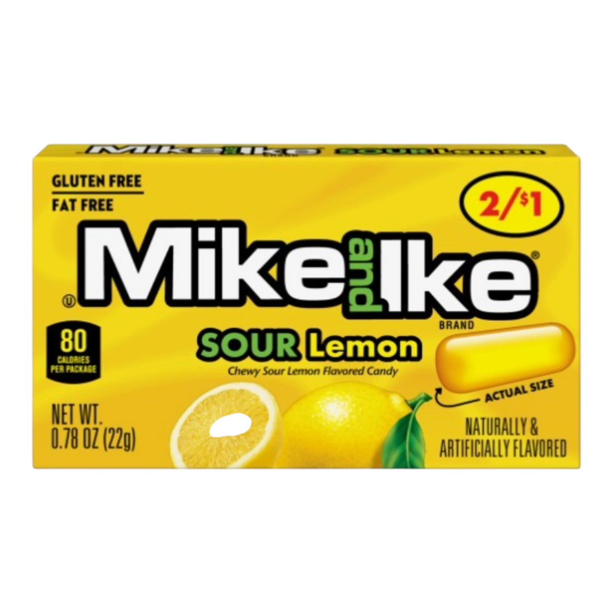 Caja de caramelos masticables Shefa Mike & Ike sabor limón ácido con diseño amarillo brillante y 22 gramos