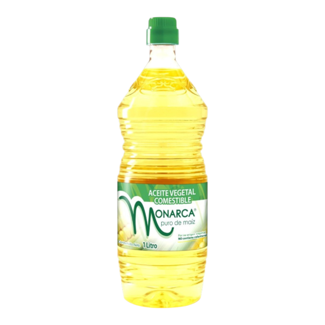 Botella de 1 litro de aceite vegetal puro de maíz Shefa Monarca con etiqueta verde y tapa de rosca
