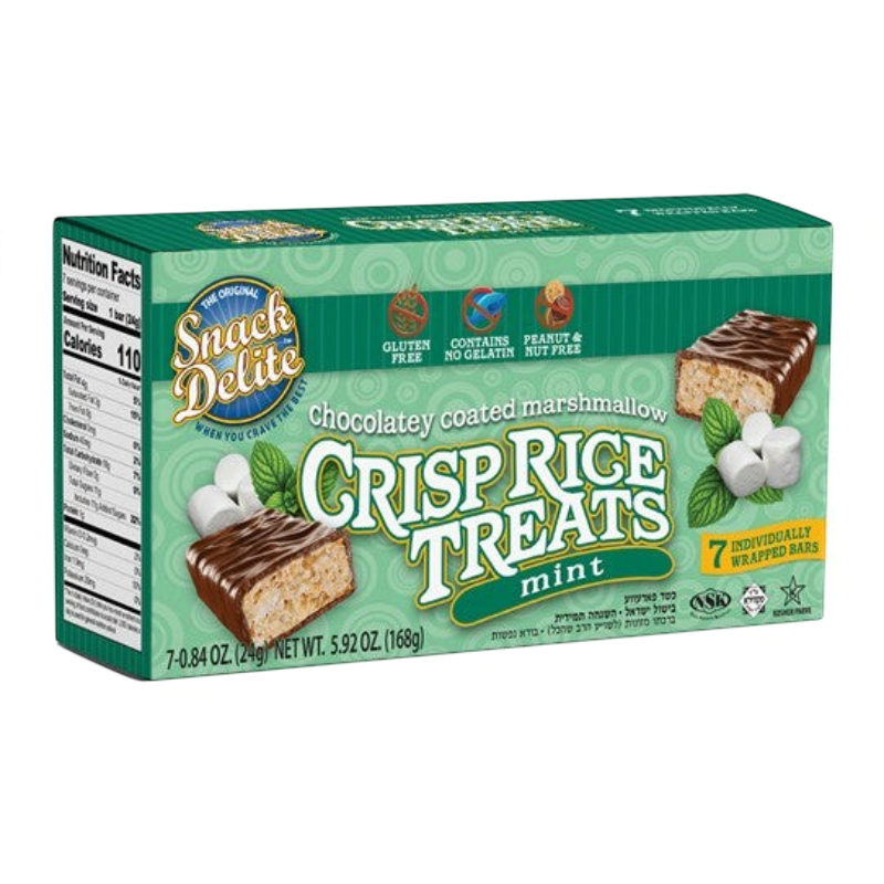 Caja de Shefa Snack Delite con barras de arroz inflado y malvavisco cubiertas de chocolate con sabor a menta