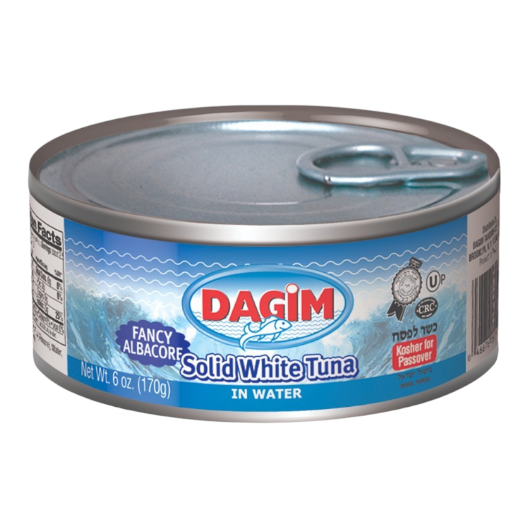 Lata de atún blanco Dagim en agua, producto Kosher premium de 170g con etiqueta azul y blanca