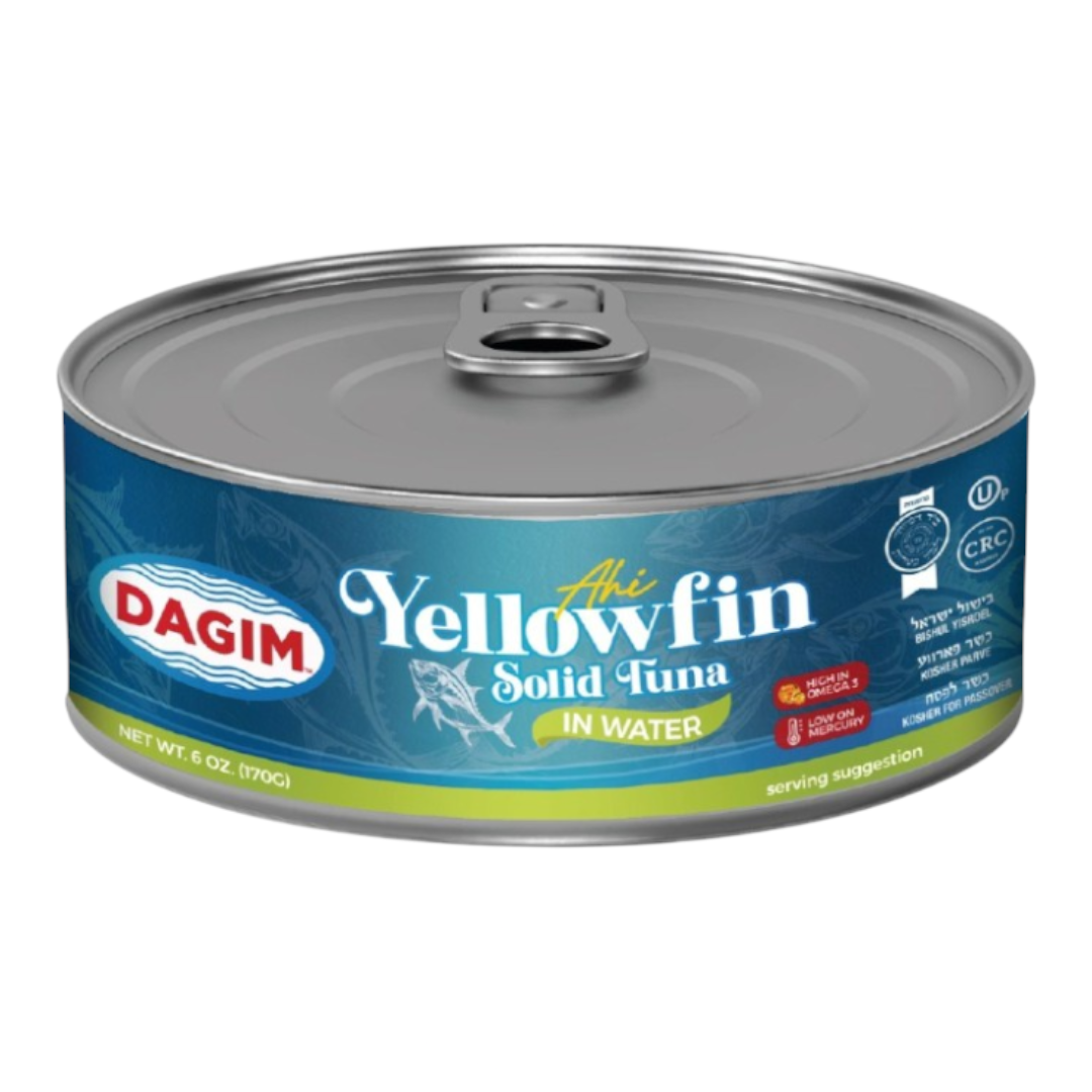 Lata de atún aleta amarilla Dagim en agua, producto premium certificado Kosher de Shefa con diseño azul y verde.