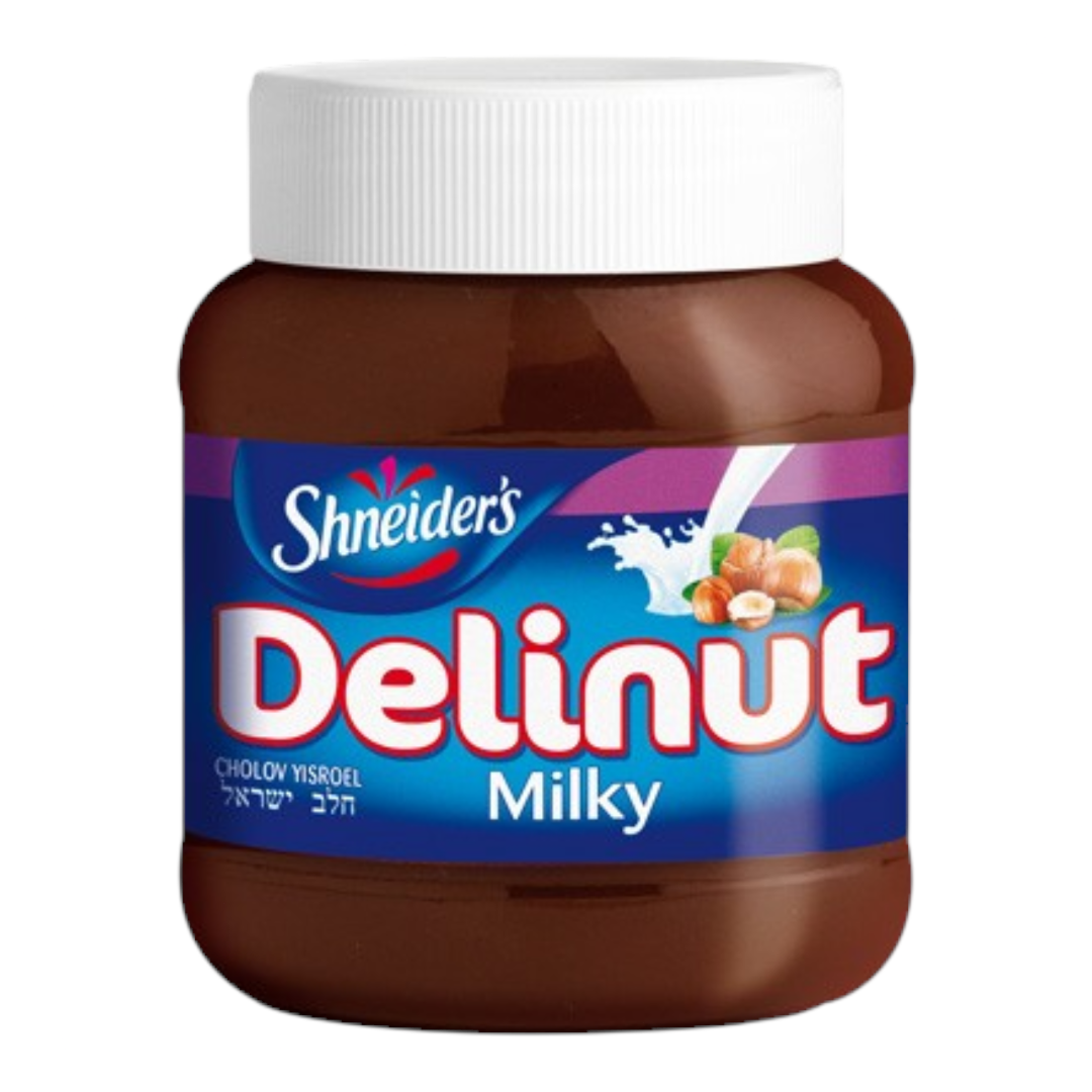 Crema untable de avellanas con leche Shefa Delinut en frasco de 349g con tapa blanca y etiqueta azul