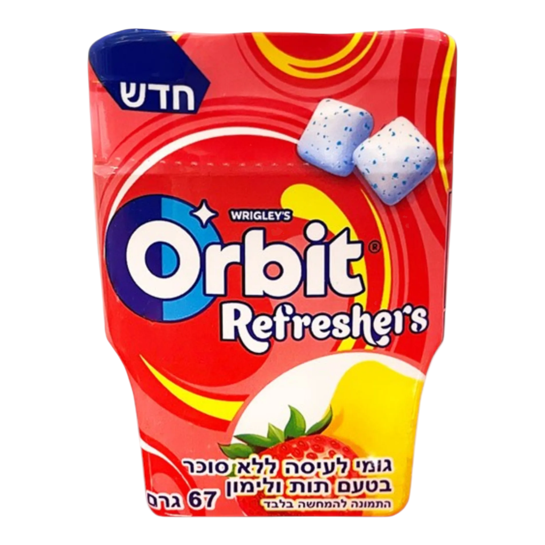 Tarro de chicles Shefa Orbit Refreshers sabor fresa y limón, sin azúcar y con cubos masticables de textura suave.