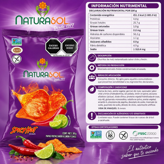 Bolsa de papas fritas Naturasol Spicy Hot de Shefa con sabor a chile y limón, empaque morado de 38 g