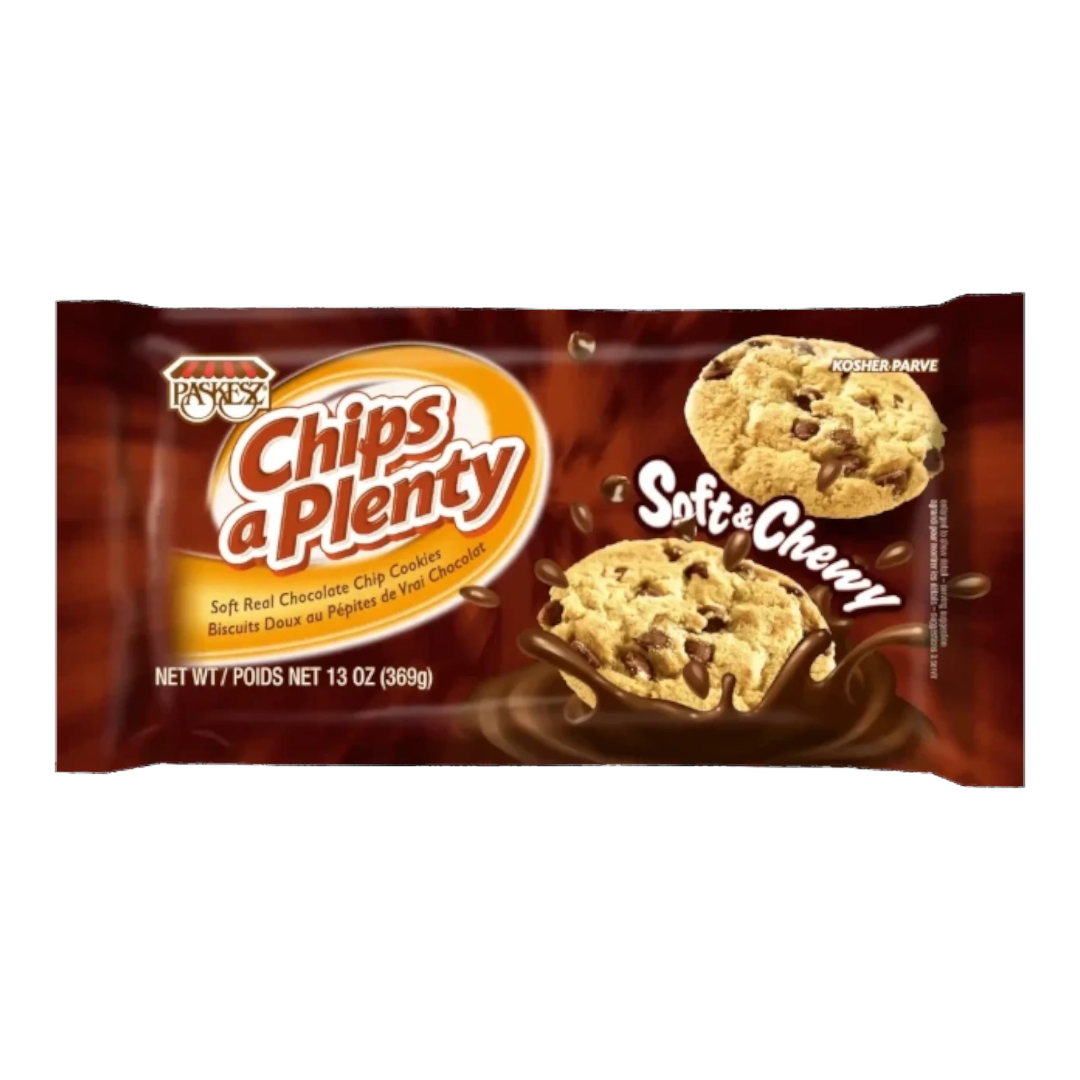 Paquete de galletas Shefa Paskesz Chips aPlenty suaves y masticables con abundantes chispas de chocolate Kosher