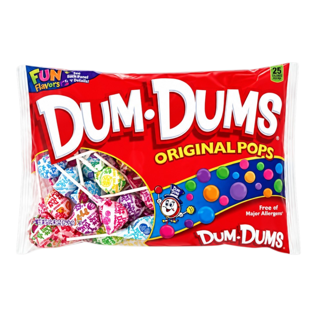 Bolsa de paletas de caramelo macizo Dum Dums de 295g con variedad de sabores, disponible en Shefa.