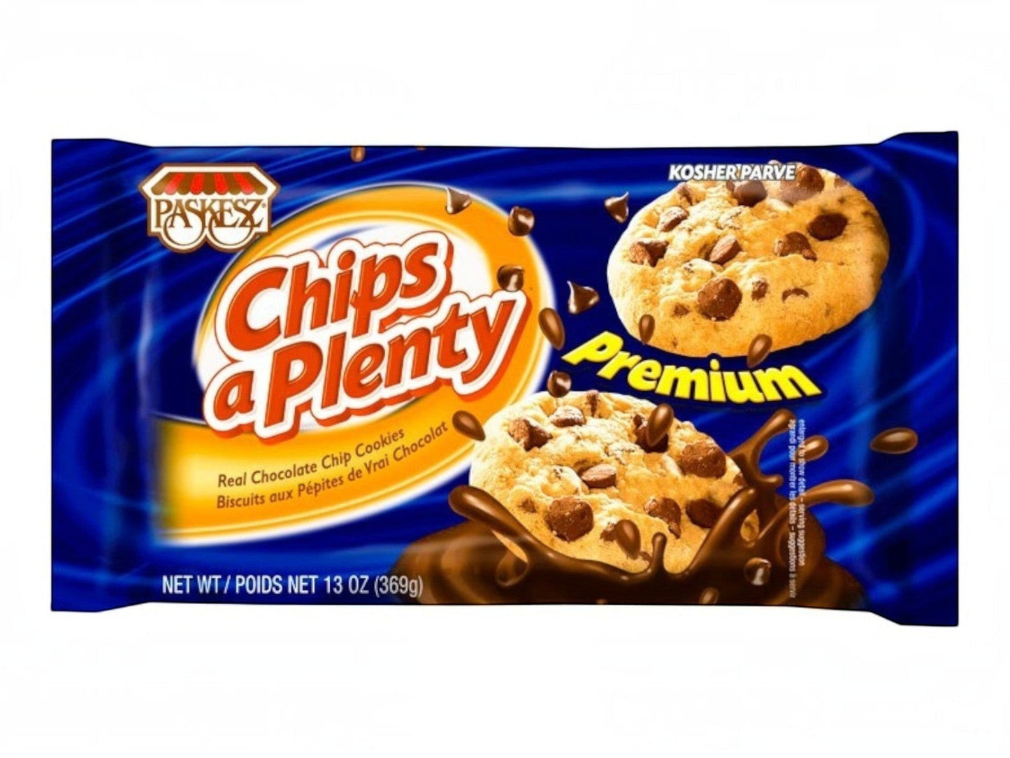 Paquete de galletas Paskesz Chips aPlenty Premium con chispas de chocolate real, disponibles en Shefa.