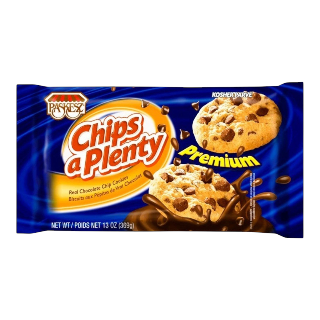 Paquete de galletas Paskesz Chips aPlenty Premium con chispas de chocolate real, disponibles en Shefa.