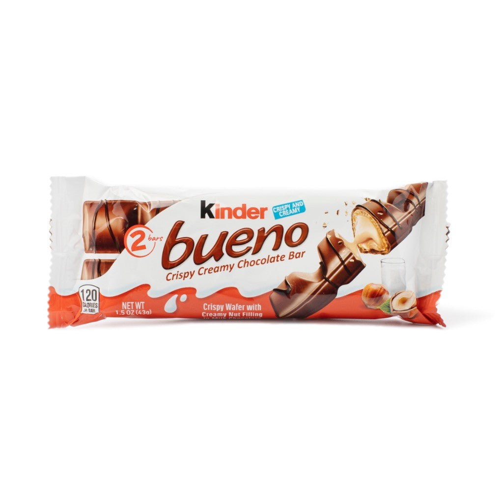 Empaque de Shefa Kinder Bueno con dos barquillos crujientes rellenos de crema de avellana y cubiertos de chocolate