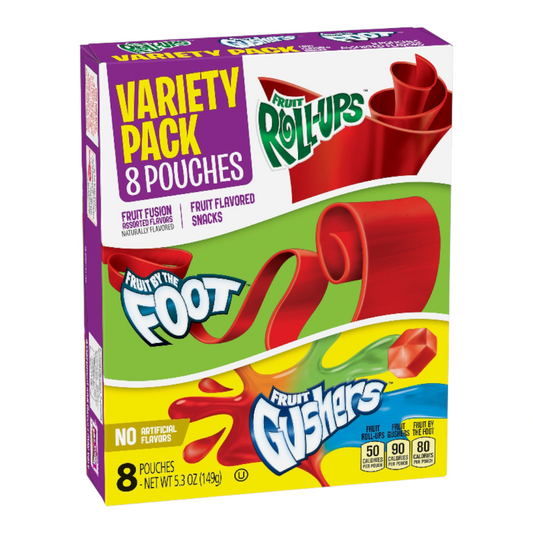 Caja de snacks Shefa Fruit Roll-Ups, Fruit by the Foot y Fruit Gushers con variedad de sabores frutales