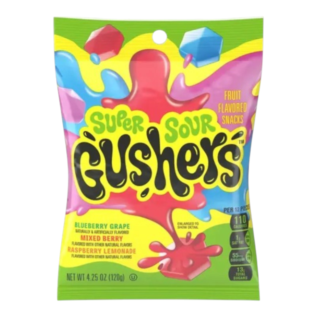 Bolsa de dulces Shefa Gusher's Super Sour con sabor a fruta, snacks masticables ácidos en empaque colorido de 127g.