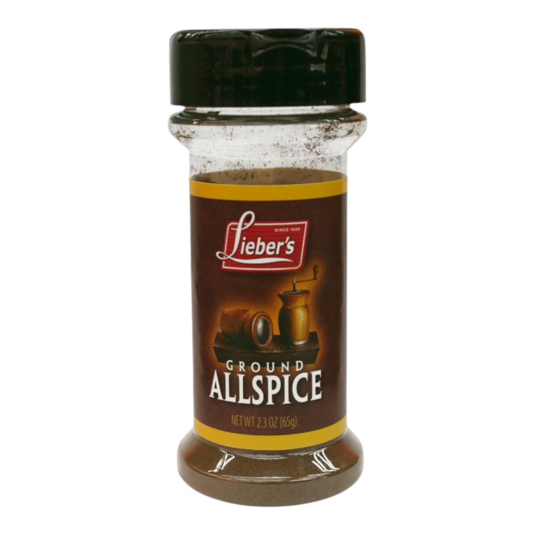 Frasco de especias Shefa Lieber's All Spice molida de 85 gramos con tapa negra y etiqueta marrón