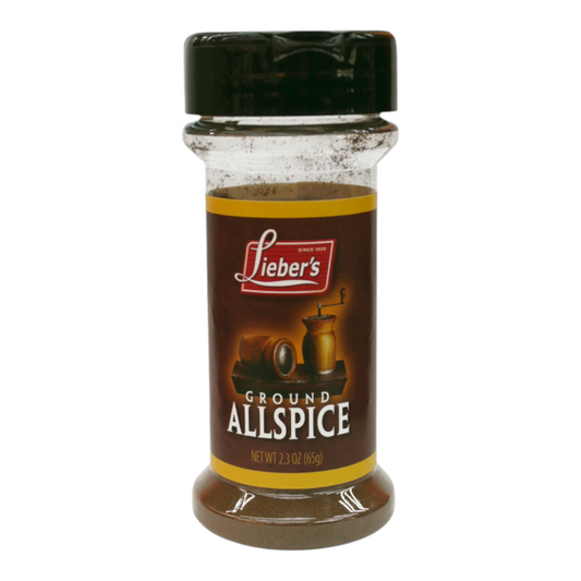 Frasco de especias Shefa Lieber's All Spice molida de 85 gramos con tapa negra y etiqueta marrón