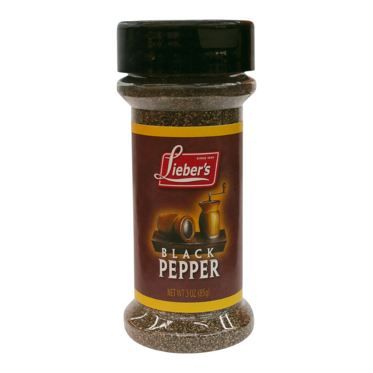 Frasco de Shefa Liebers con pimienta negra molida premium, envase de 85 gramos con tapa negra y etiqueta distintiva.