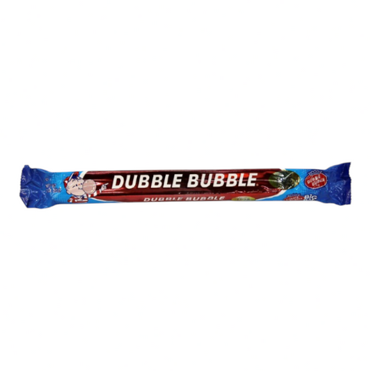 Barrita de goma de mascar Dubble Bubble sabor mix de Shefa en empaque alargado azul y rojo de 85g