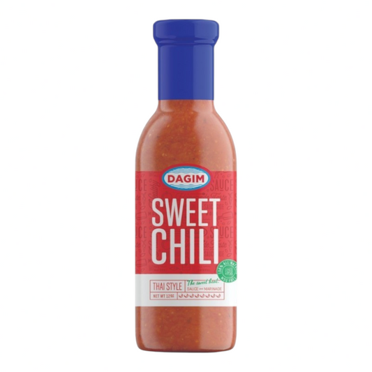 Salsa Sweet Chili Dagim de Shefa en botella de 345ml con etiqueta roja y tapa azul, estilo tailandés Kosher.