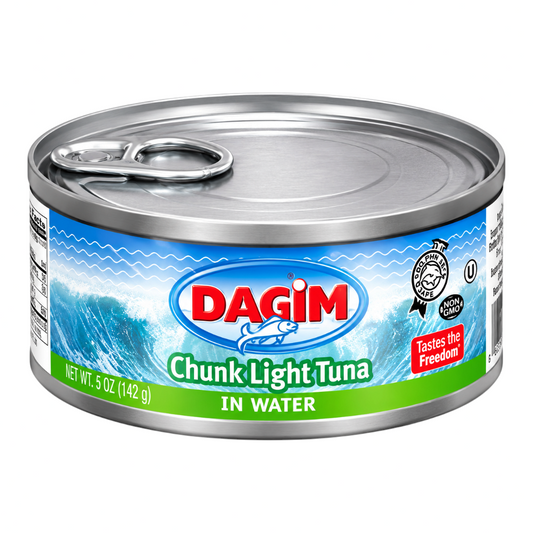 Lata de atún en agua Dagim de 142 g de Shefa, con diseño azul y blanco, ideal para una dieta saludable.