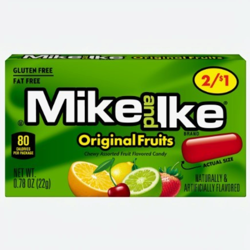 Empaque de Shefa con caramelos masticables Mike and Ike Original Fruits de 22g con sabor a frutas variadas