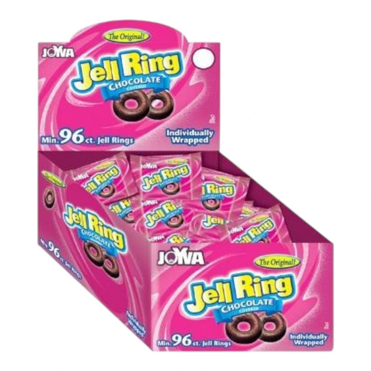 Caja expositora Shefa con 96 anillos de gelatina Joyva cubiertos de chocolate, envueltos individualmente