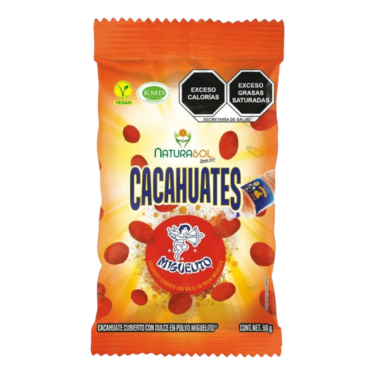 Bolsa de cacahuates Naturasol con polvo Miguelito de 90 g, marca Shefa, con sellos de advertencia nutricional.