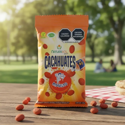 Bolsa de cacahuates Naturasol Miguelito de 90g con chile en polvo, marca Shefa, sobre una mesa de madera al aire libre