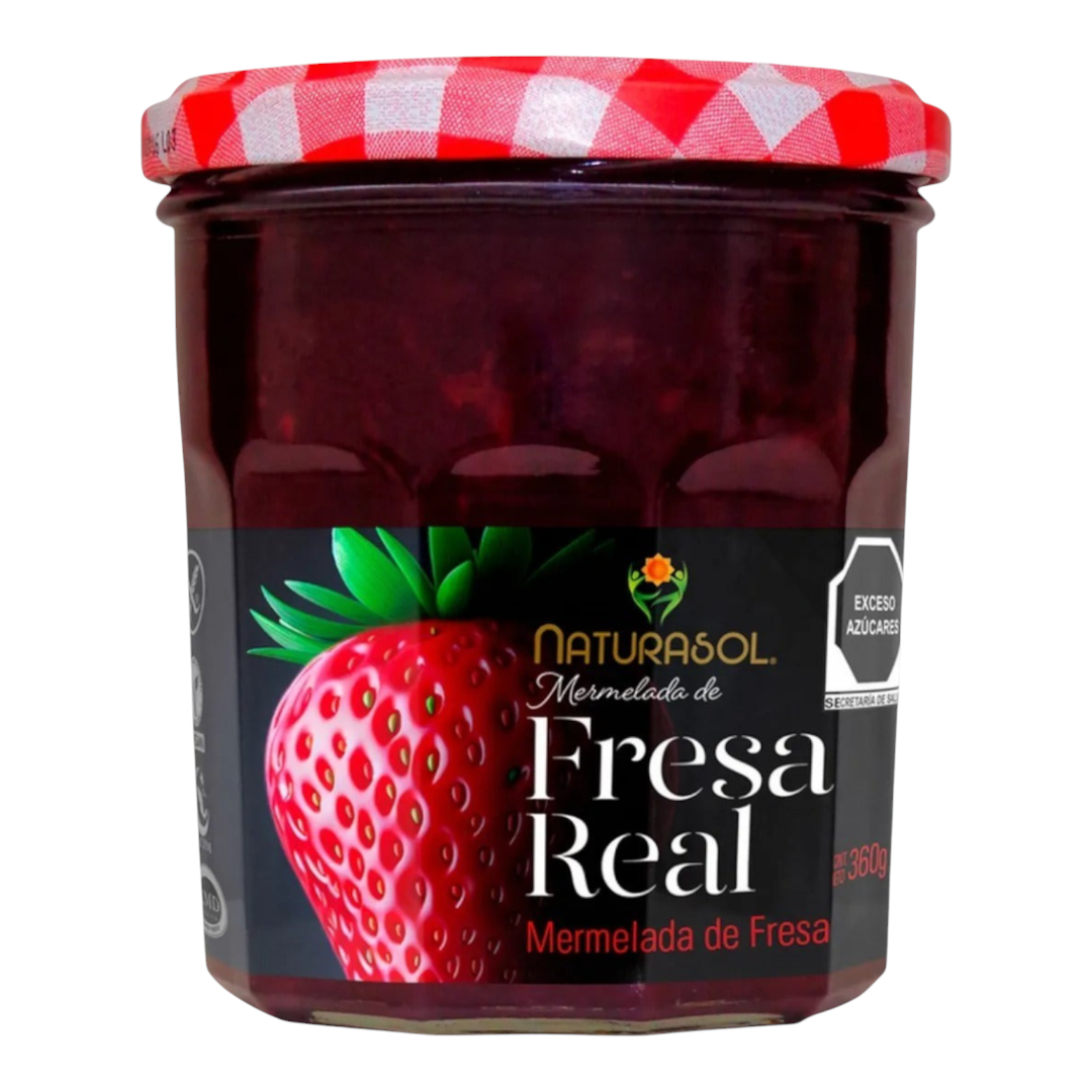 Frasco de vidrio de mermelada de fresa Naturasol de 360g con tapa a cuadros rojos y blancos de la tienda Shefa
