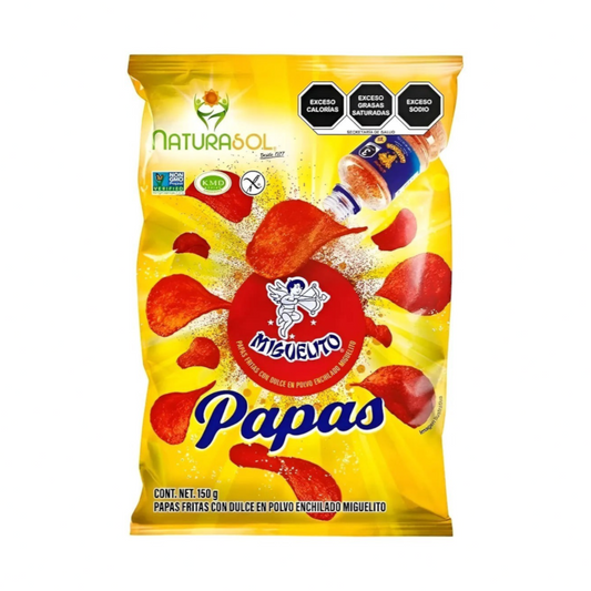 Bolsa de papas fritas Naturasol Papas Miguelito de 150g con chile en polvo, marca Shefa