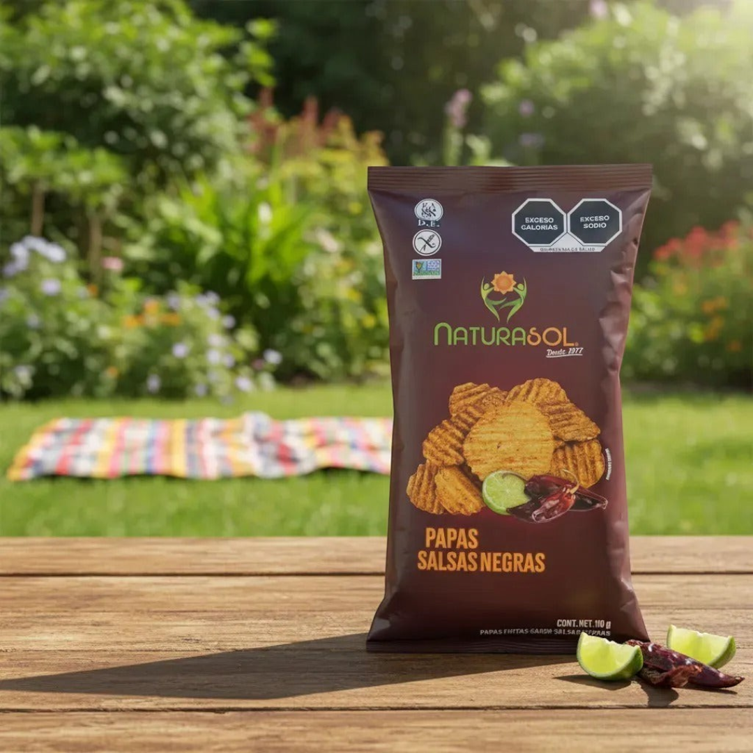 Bolsa de papas fritas Naturasol Salsas Negras de 110g de Shefa, con diseño ondulado, limón y chiles secos.