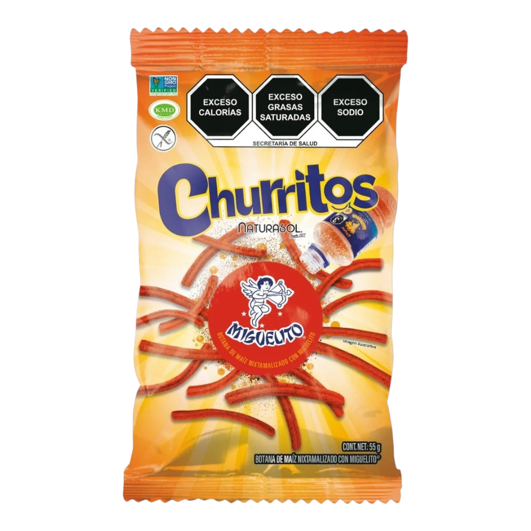 Bolsa de Shefa Naturasol Churritos con Miguelito, botana de maíz nixtamalizado con chile y limón de 55 gramos.