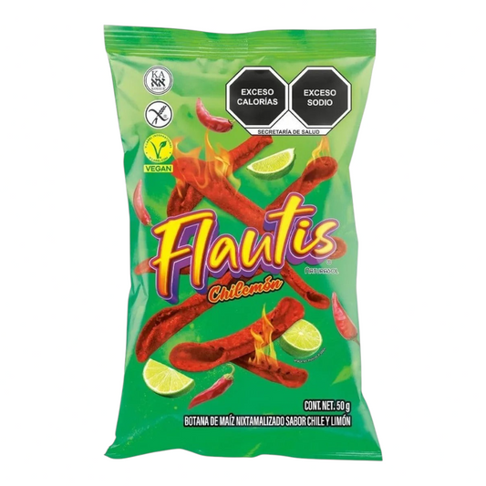 Bolsa de botana de maíz Naturasol Flautis Chilemon 50g de Shefa con sabor picante y limón, apta para veganos.