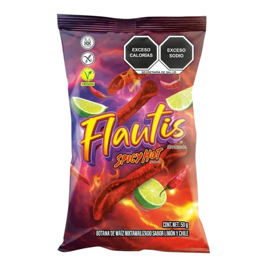 Bolsa de botana de maíz nixtamalizado Shefa Naturasol Flautis sabor limón y chile picante de 50g