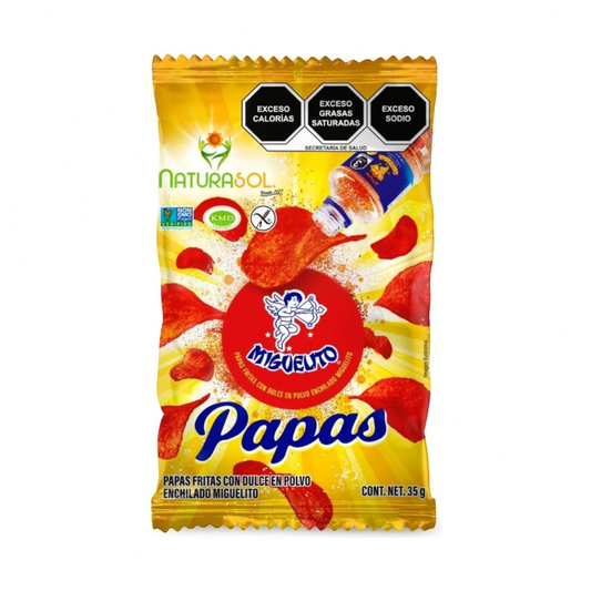 Bolsa de papas fritas Naturasol con dulce en polvo enchilado Miguelito de 35 g de la marca Shefa
