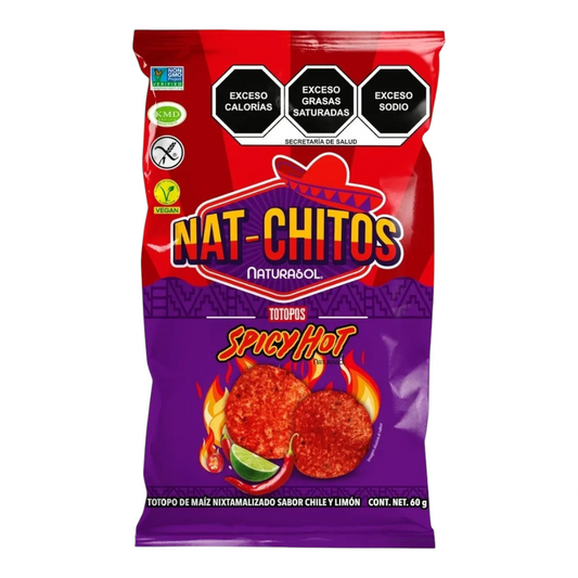 Bolsa de totopos de maíz Naturasol Nat-Chitos Spicy Hot de Shefa con diseño rojo y morado y etiquetas de advertencia