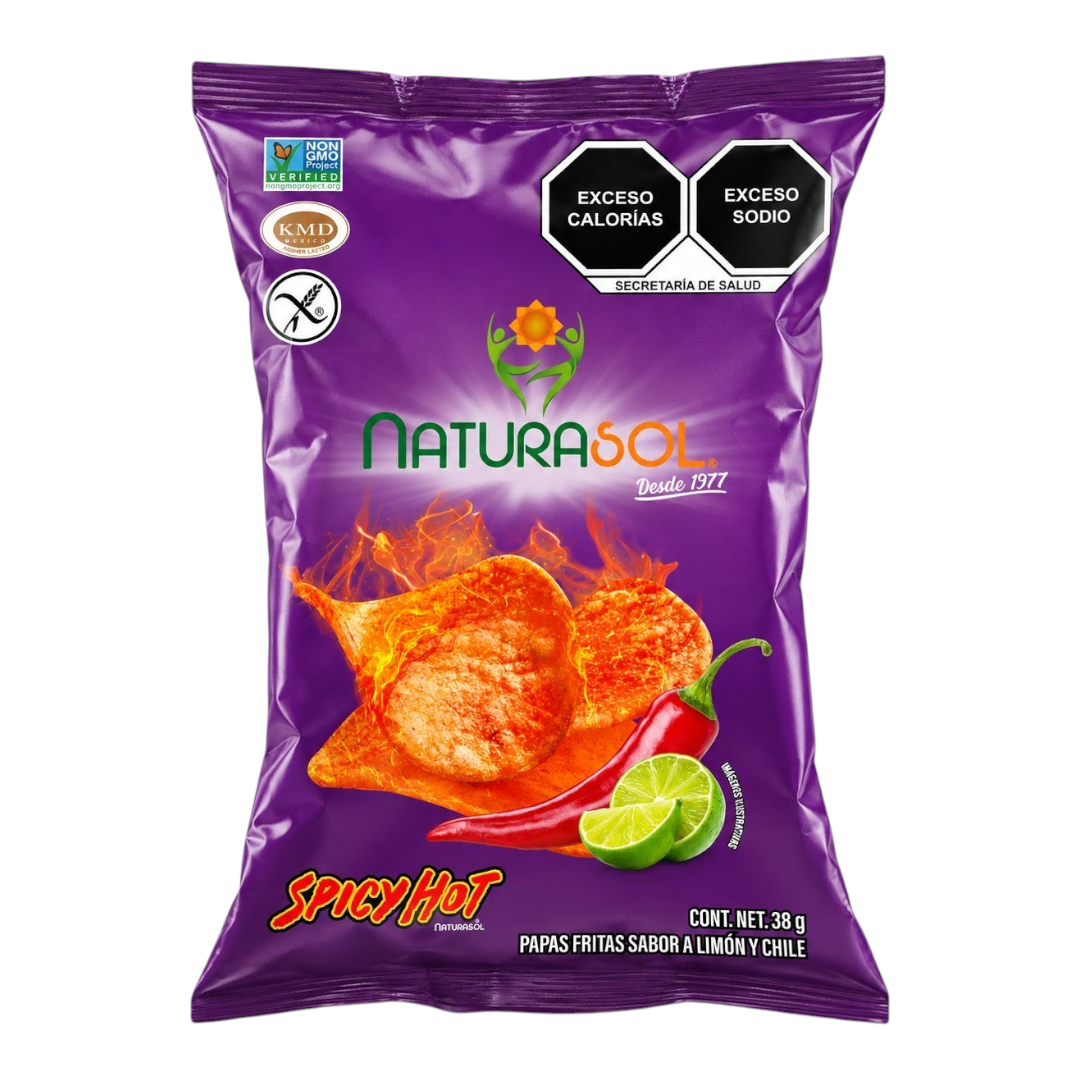 Bolsa de papas fritas Shefa Naturasol Spicy Hot con sabor a limón y chile, empaque morado de 38 g