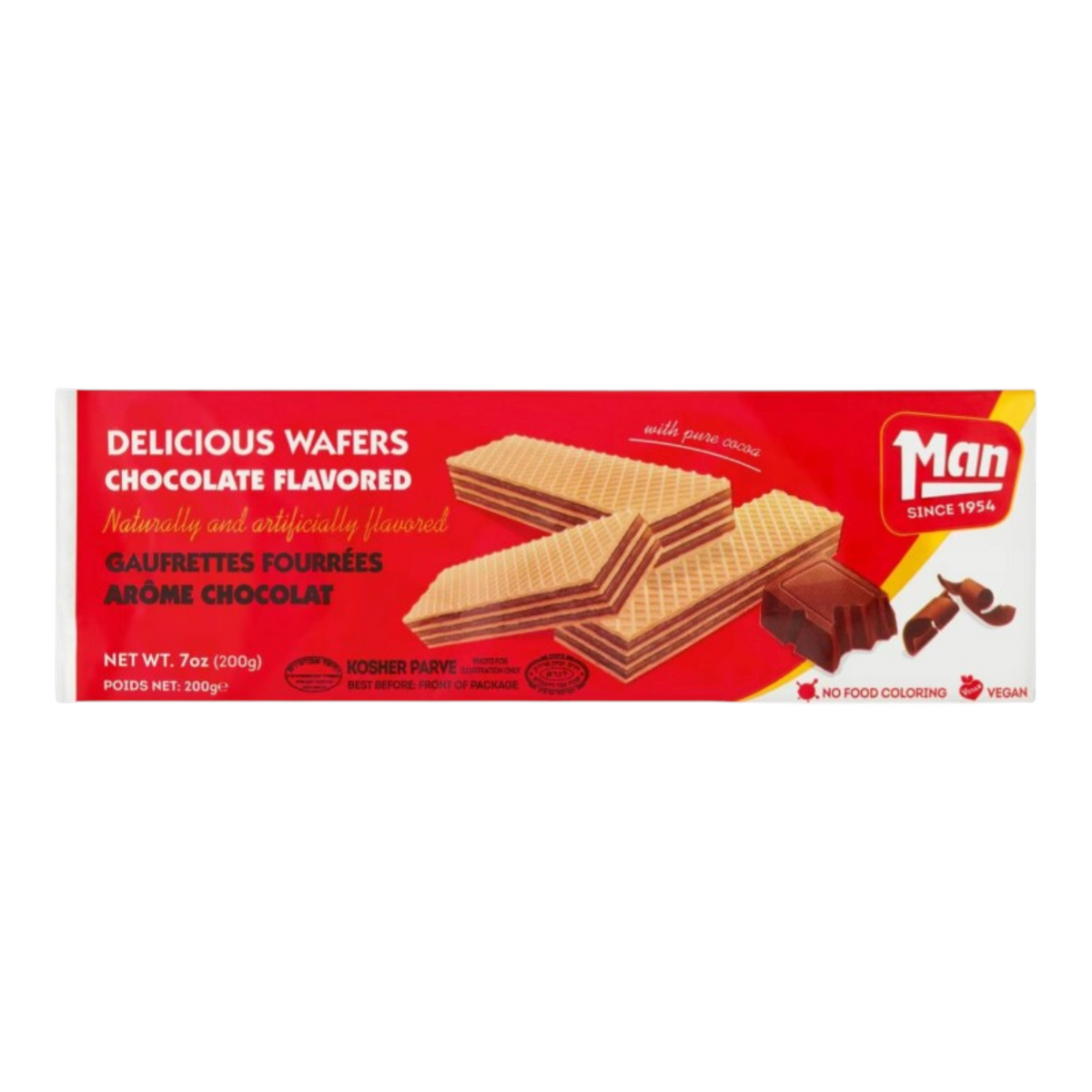 Paquete de galletas wafer de chocolate Shefa Man de 200g con capas crujientes y crema de cacao