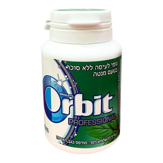 Bote de chicles Orbit Professional sabor hierbabuena sin azúcar de la marca Shefa con diseño en blanco y verde