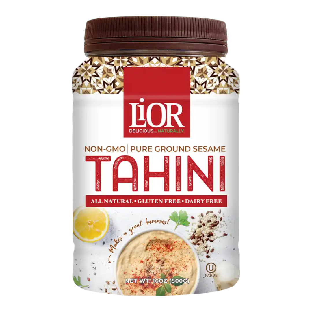 Tarro de pasta de sésamo Tahini Lior de Shefa, producto natural sin gluten y sin OGM de 500g con diseño de hummus