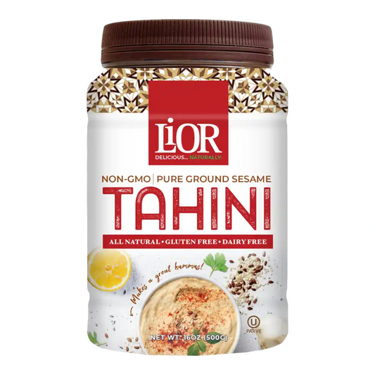 Tarro de pasta de sésamo Tahini Lior de Shefa, producto natural sin gluten y sin OGM de 500g con diseño de hummus