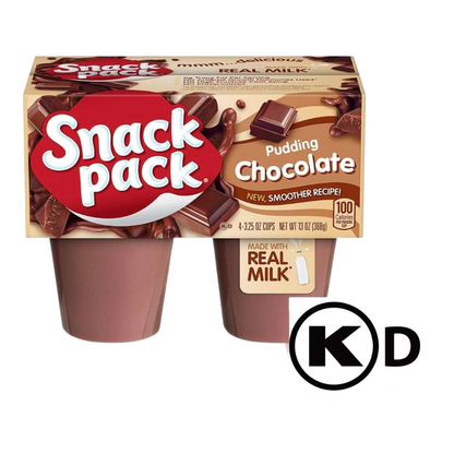 Pack de 4 pudines de chocolate Shefa, postre cremoso elaborado con leche real en envases individuales de 369 gramos.