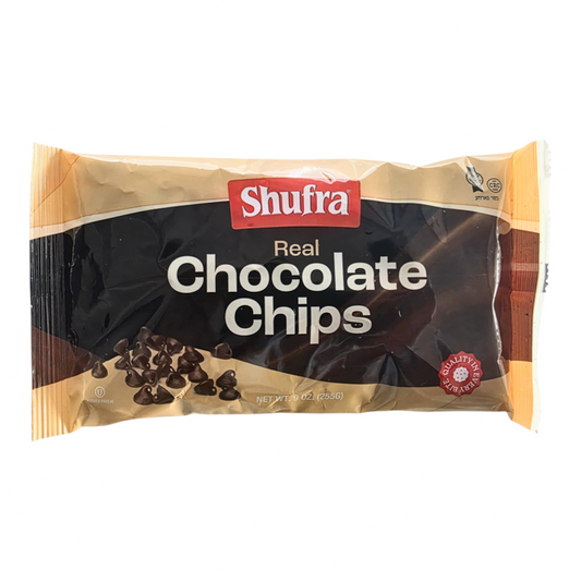 Paquete de chispas de chocolate Shefa para repostería, ideales para hornear galletas manteniendo su forma y textura.