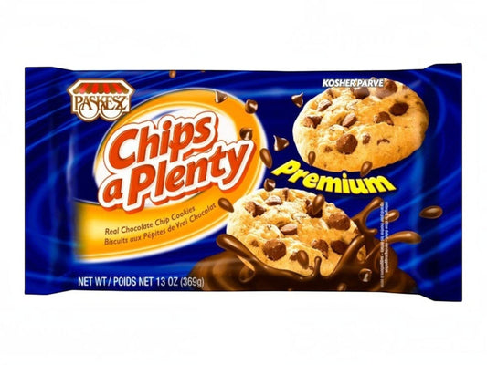 Paquete de galletas Paskesz Chips aPlenty Premium con chispas de chocolate real, disponibles en Shefa.