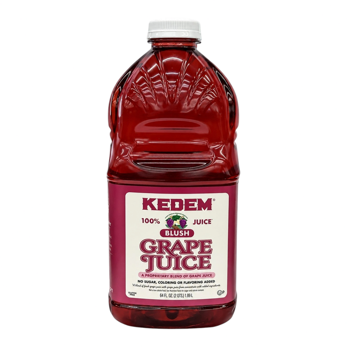 Botella de 1.89 litros de jugo de uva rosada natural Kedem de Shefa con etiqueta roja distintiva