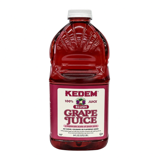 Botella de 1.89 litros de jugo de uva rosada natural Kedem de Shefa con etiqueta roja distintiva